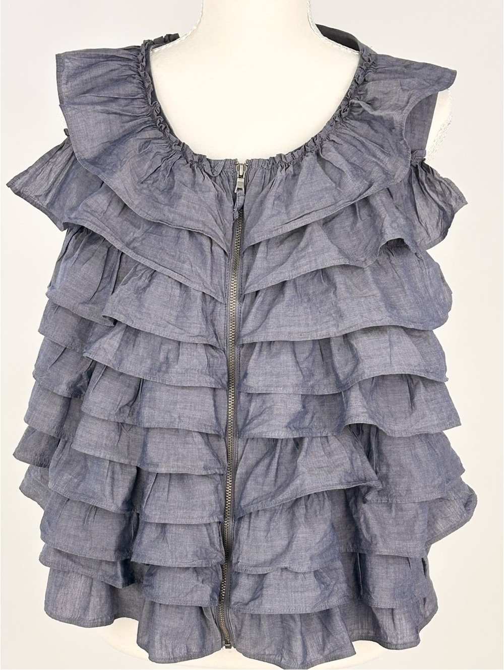 J.Crew Chambray Ruffle Zip Top Blue Romantic Cottagecore Size S